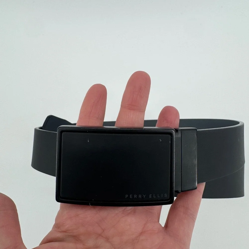 Perry Ellis Smooth Leather Mens Belt 36 Black Plaque Buckle Minimalist Sleek